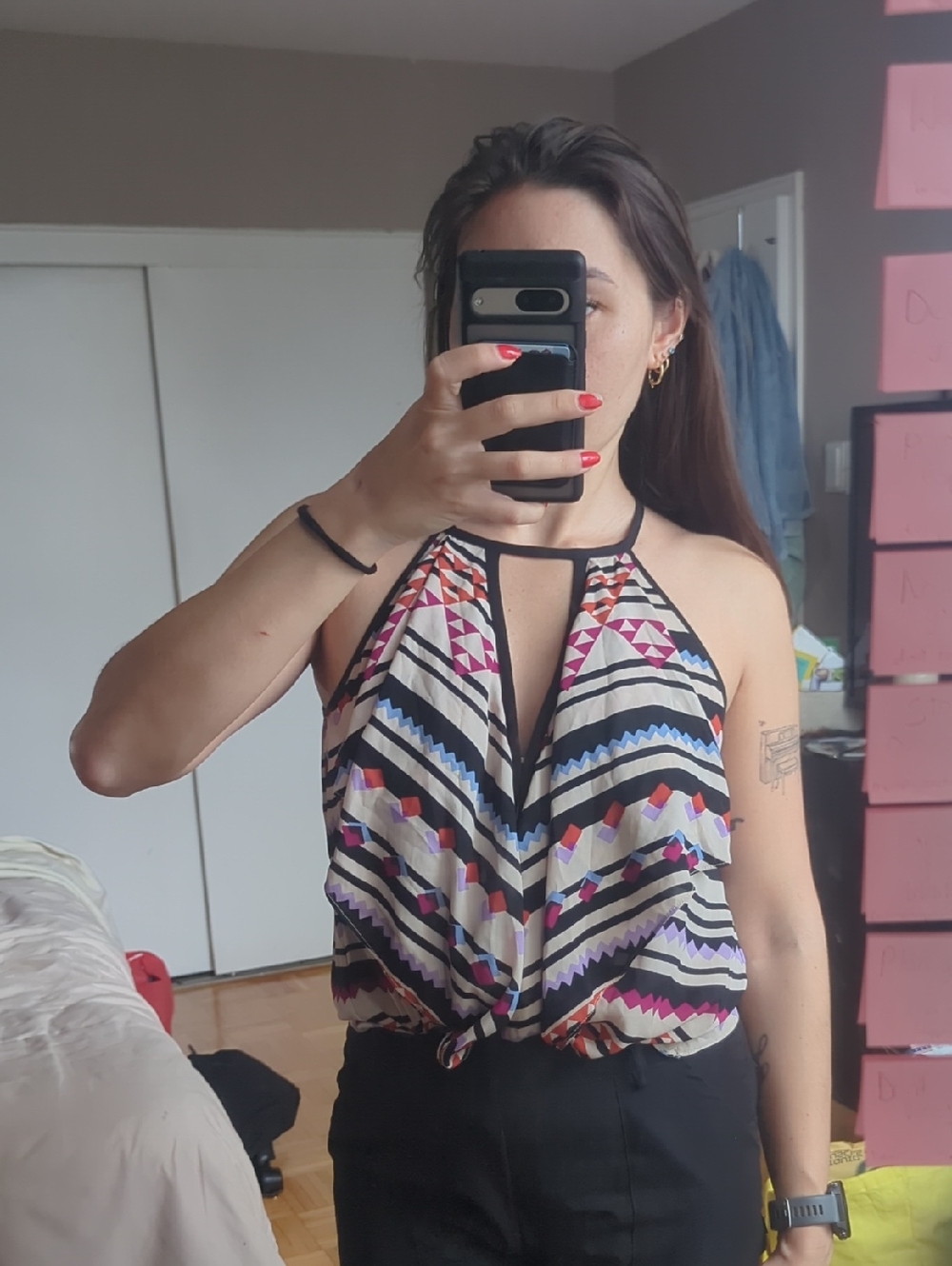 BCBGMaxAzria Multicolor Geometric Halter Camisole with Keyhole